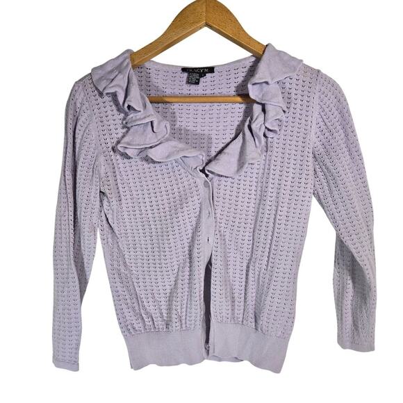 Vintage Tracy M. Lavender Lilac Ruffle Collar Cardigan Pointelle Knit Sweater L - Picture 1 of 8